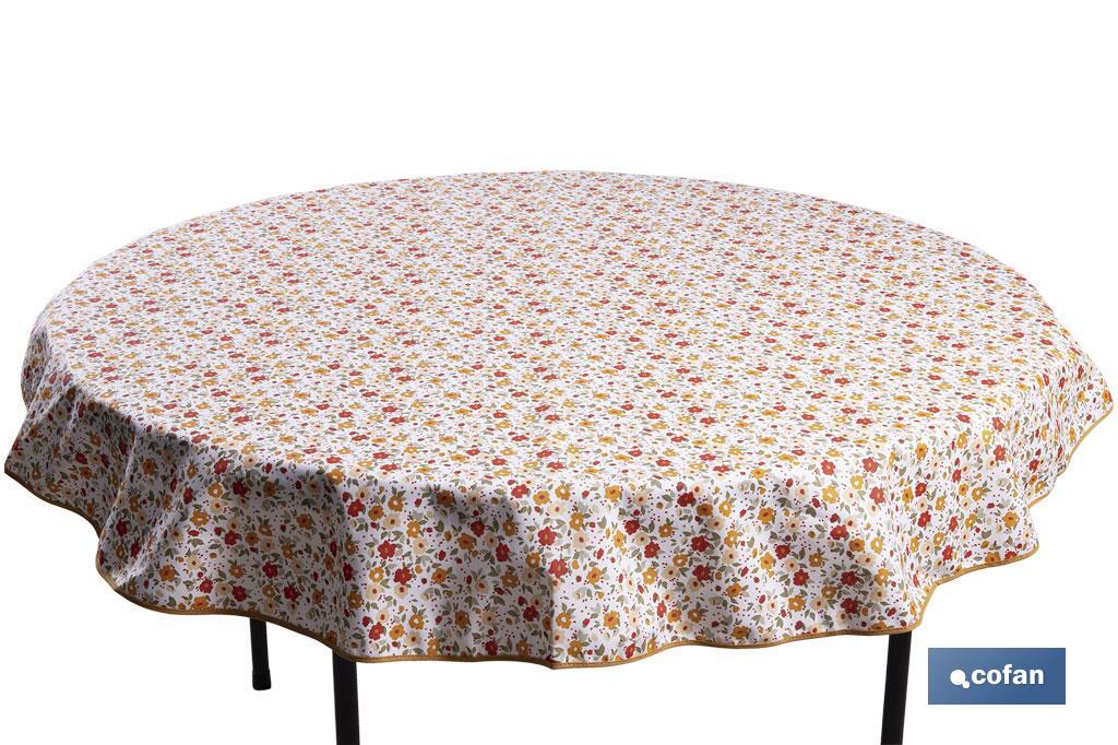 Mantel redondo antimanchas resinado con estampado de florecillas | Materiales: 50% algodón y 50% poliéster | Diámetro: 1,40 m - Cofan