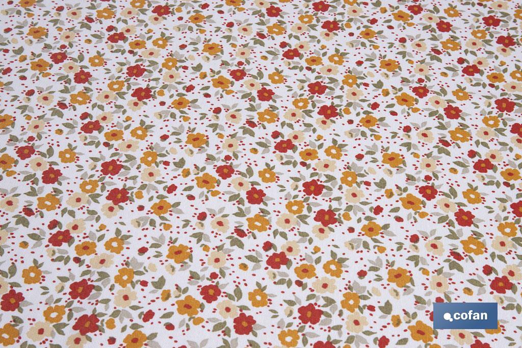 Mantel redondo antimanchas resinado con estampado de florecillas | Materiales: 50% algodón y 50% poliéster | Diámetro: 1,40 m - Cofan