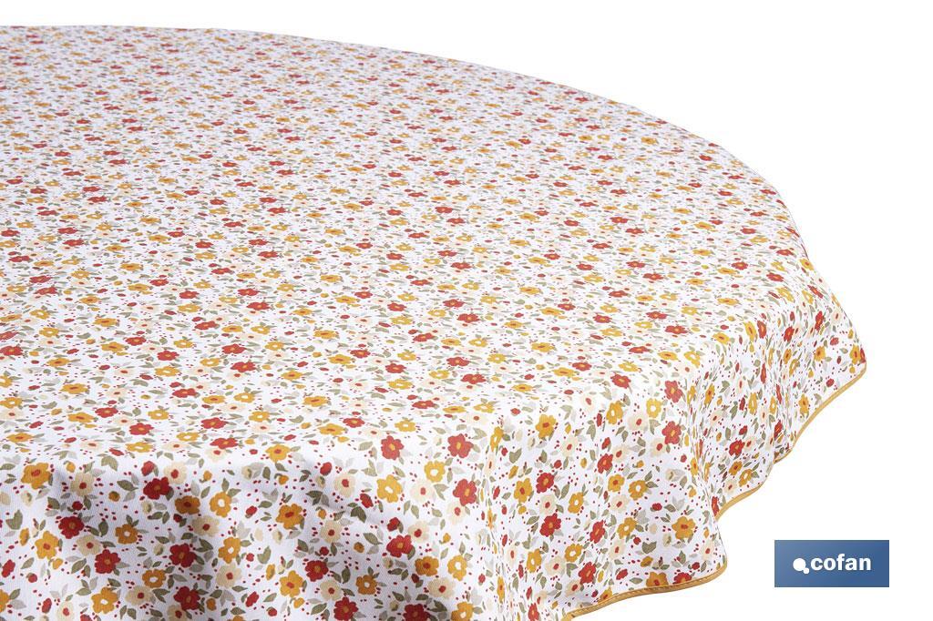 Mantel redondo antimanchas resinado con estampado de florecillas | Materiales: 50% algodón y 50% poliéster | Diámetro: 1,40 m - Cofan