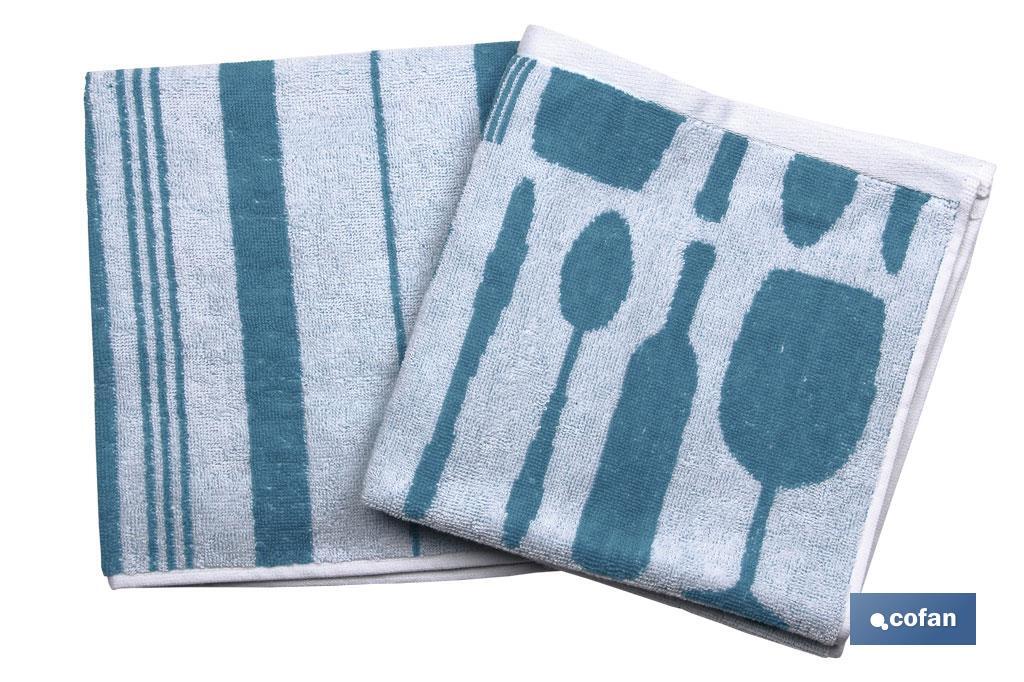 Pack of 2 Tea Towels | Size: 50 x 50cm | Blue with Print - Cofan