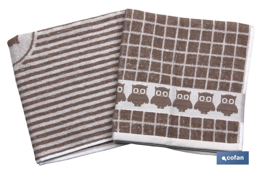 Pack of 2 Tea Towels | Size: 50 x 50cm | Brown with Print - Cofan