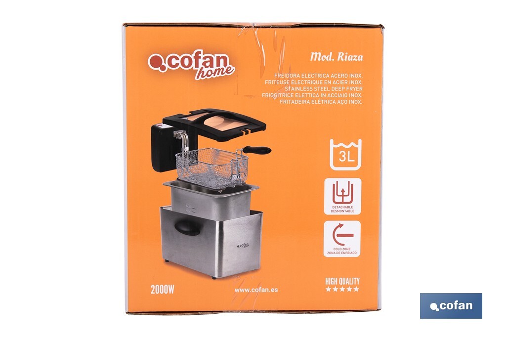 Freidora Eléctrica | Modelo Riaza | Fabricada en Acero Inoxidable cepillado | 2000 W | Capacidad 3 L - Cofan