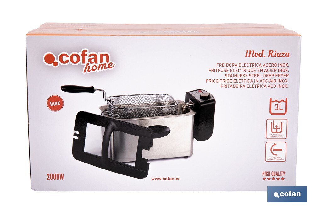 Freidora Eléctrica | Modelo Riaza | Fabricada en Acero Inoxidable cepillado | 2000 W | Capacidad 3 L - Cofan