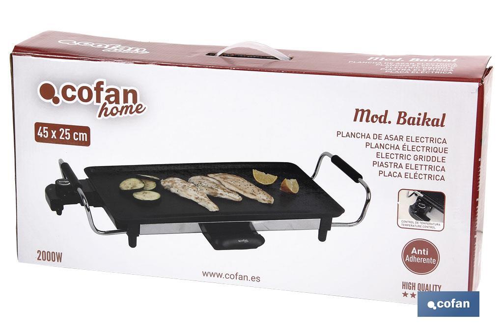 Plancha Asadora Eléctrica | Placa de aluminio antiadherente | Potencia de 2000 W | Medidas: 45 x 25 x 7 cm - Cofan