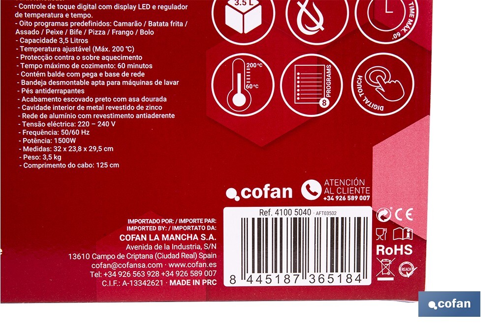 Friteuse à air chaud sans huile | Capacité de 3,5 litres - Cofan