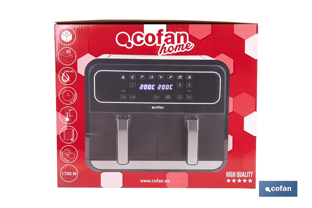 Freidora de aire dual | Pantalla táctil | 8 programas preestablecidos | Acabado inteligente | Capacidad: 8 litros | Potencia: 1700 W - Cofan