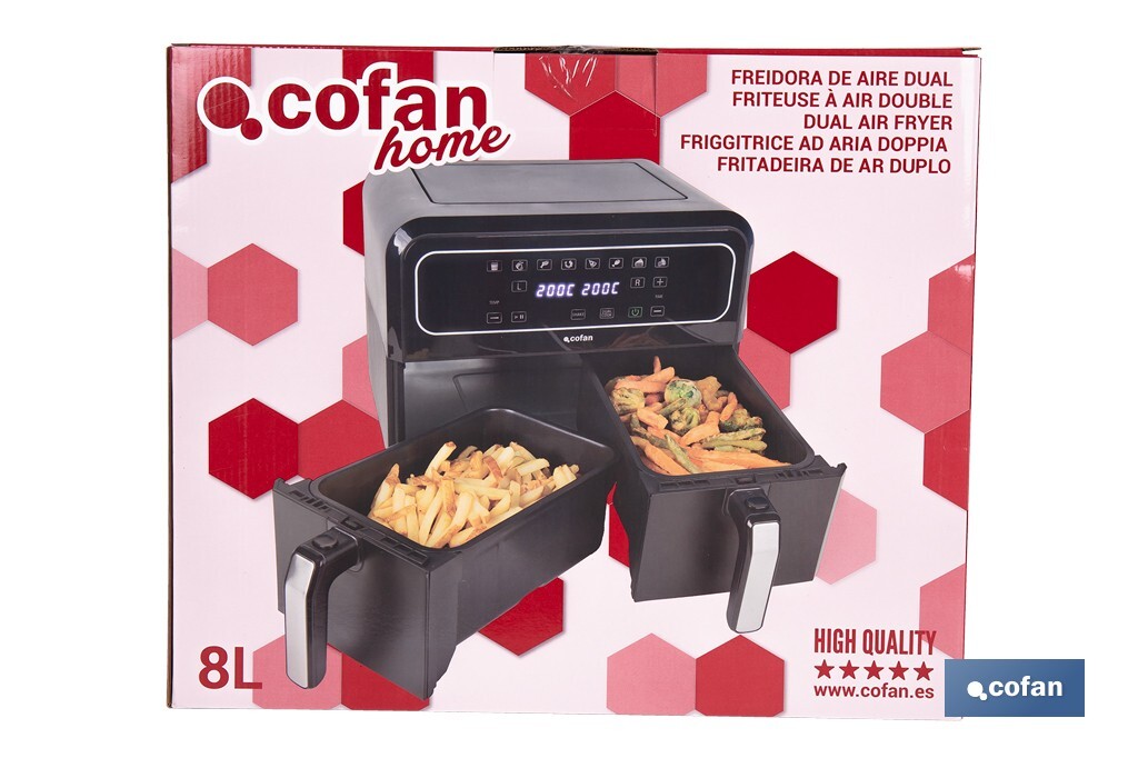 Freidora de aire dual | Pantalla táctil | 8 programas preestablecidos | Acabado inteligente | Capacidad: 8 litros | Potencia: 1700 W - Cofan