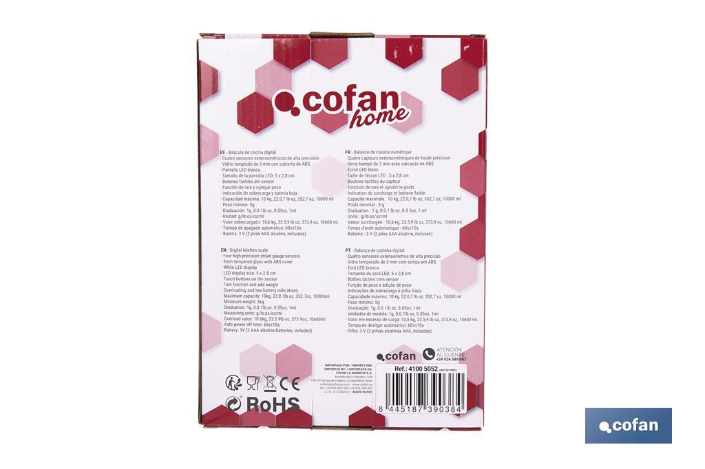 Digital kitchen scale available in 3 colours | LED display | 4 high-precision sensors - Cofan