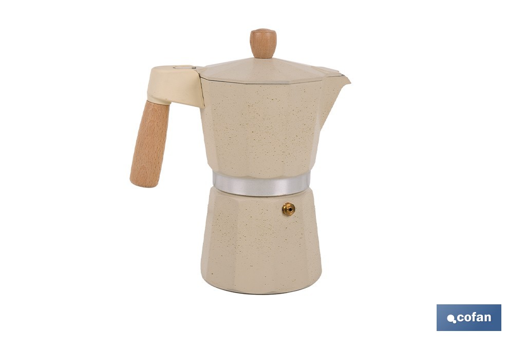 Cafetera italiana inducción | Capacidad: 6 tazas | Cuerpo de aluminio | Mangos de madera | Apta para todo tipo de fuegos | Disponible en diferentes colores - Cofan