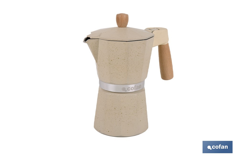 Cafetera italiana inducción | Capacidad: 6 tazas | Cuerpo de aluminio | Mangos de madera | Apta para todo tipo de fuegos | Disponible en diferentes colores - Cofan