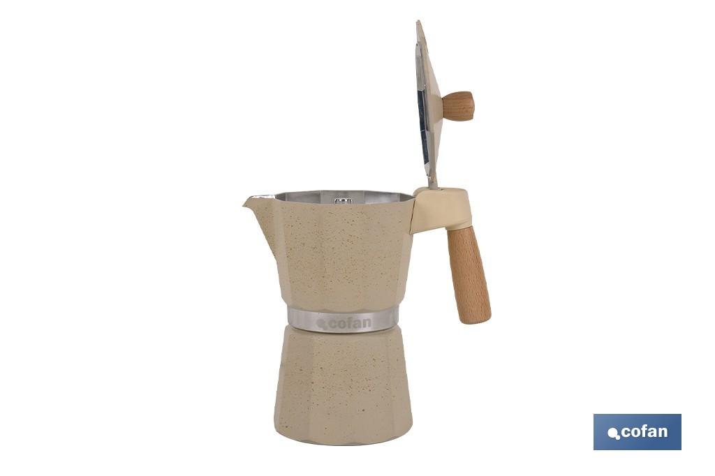 Cafetera italiana inducción | Capacidad: 6 tazas | Cuerpo de aluminio | Mangos de madera | Apta para todo tipo de fuegos | Disponible en diferentes colores - Cofan