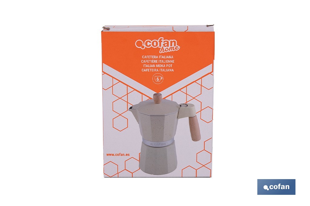 Cafetera italiana inducción | Capacidad: 6 tazas | Cuerpo de aluminio | Mangos de madera | Apta para todo tipo de fuegos | Disponible en diferentes colores - Cofan