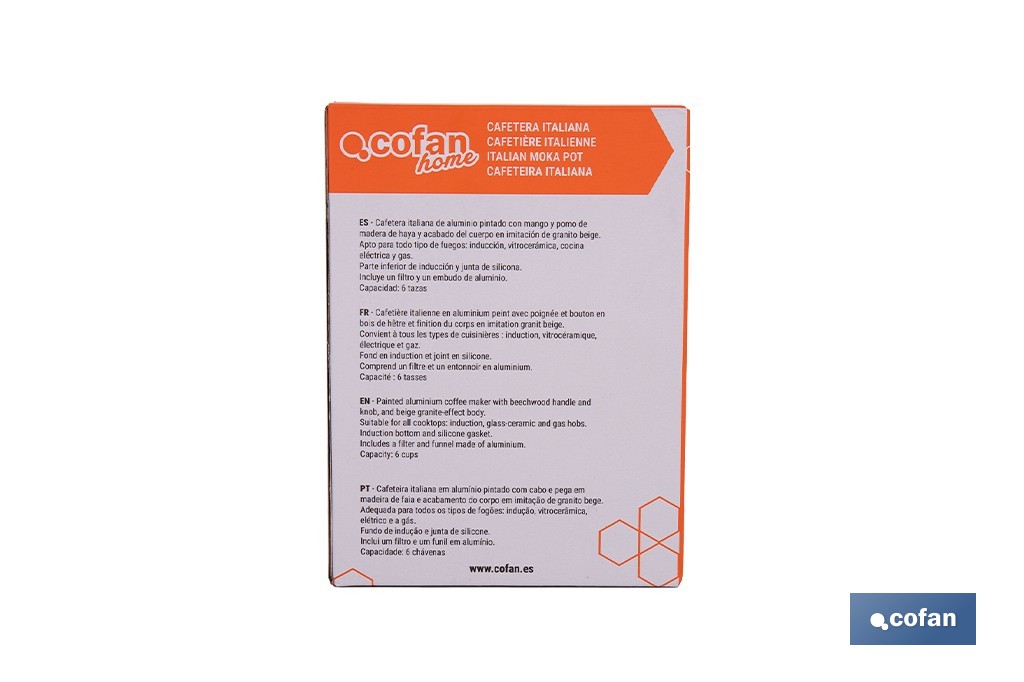 Cafetera italiana inducción | Capacidad: 6 tazas | Cuerpo de aluminio | Mangos de madera | Apta para todo tipo de fuegos | Disponible en diferentes colores - Cofan