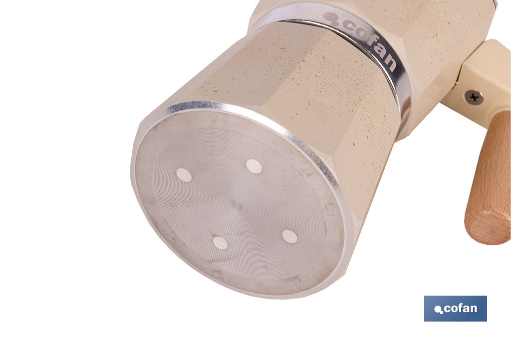 Cafetera italiana inducción | Capacidad: 6 tazas | Cuerpo de aluminio | Mangos de madera | Apta para todo tipo de fuegos | Disponible en diferentes colores - Cofan