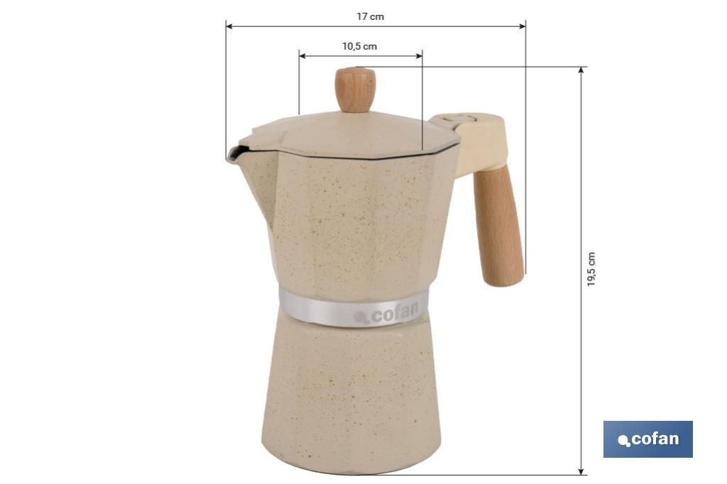 Cafetera italiana inducción | Capacidad: 6 tazas | Cuerpo de aluminio | Mangos de madera | Apta para todo tipo de fuegos | Disponible en diferentes colores - Cofan
