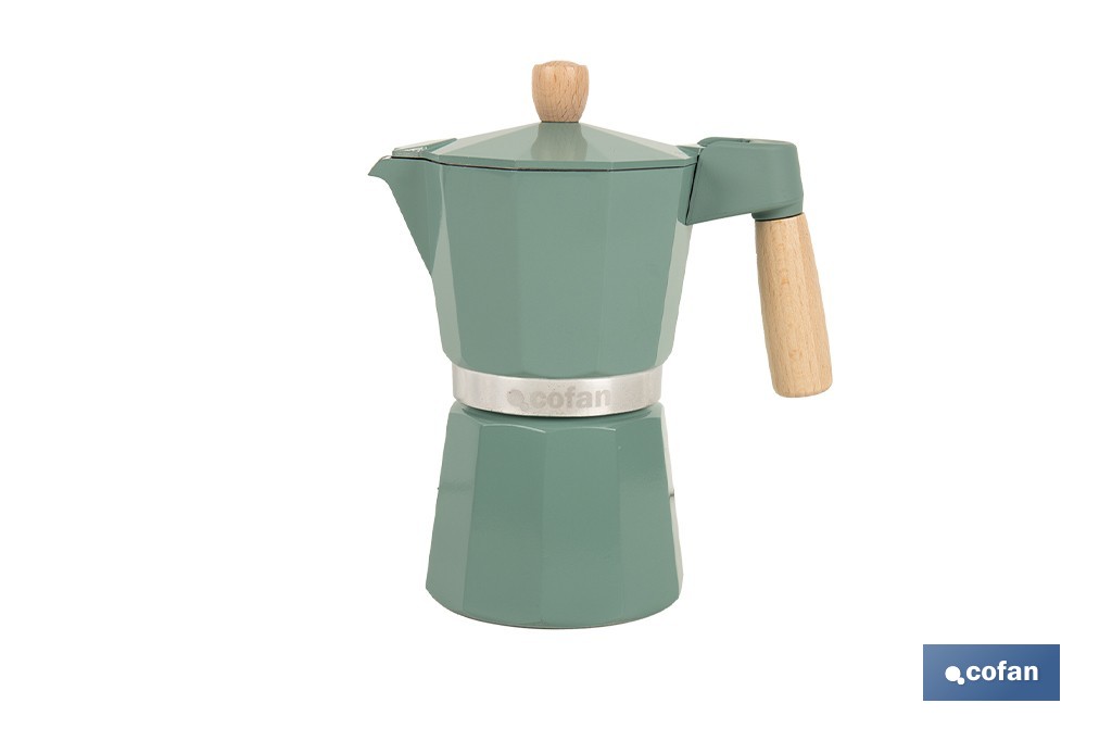 Cafetera italiana inducción | Capacidad: 6 tazas | Cuerpo de aluminio | Mangos de madera | Apta para todo tipo de fuegos | Disponible en diferentes colores - Cofan