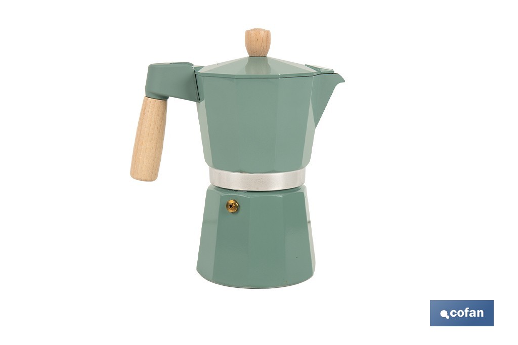 Cafetera italiana inducción | Capacidad: 6 tazas | Cuerpo de aluminio | Mangos de madera | Apta para todo tipo de fuegos | Disponible en diferentes colores - Cofan