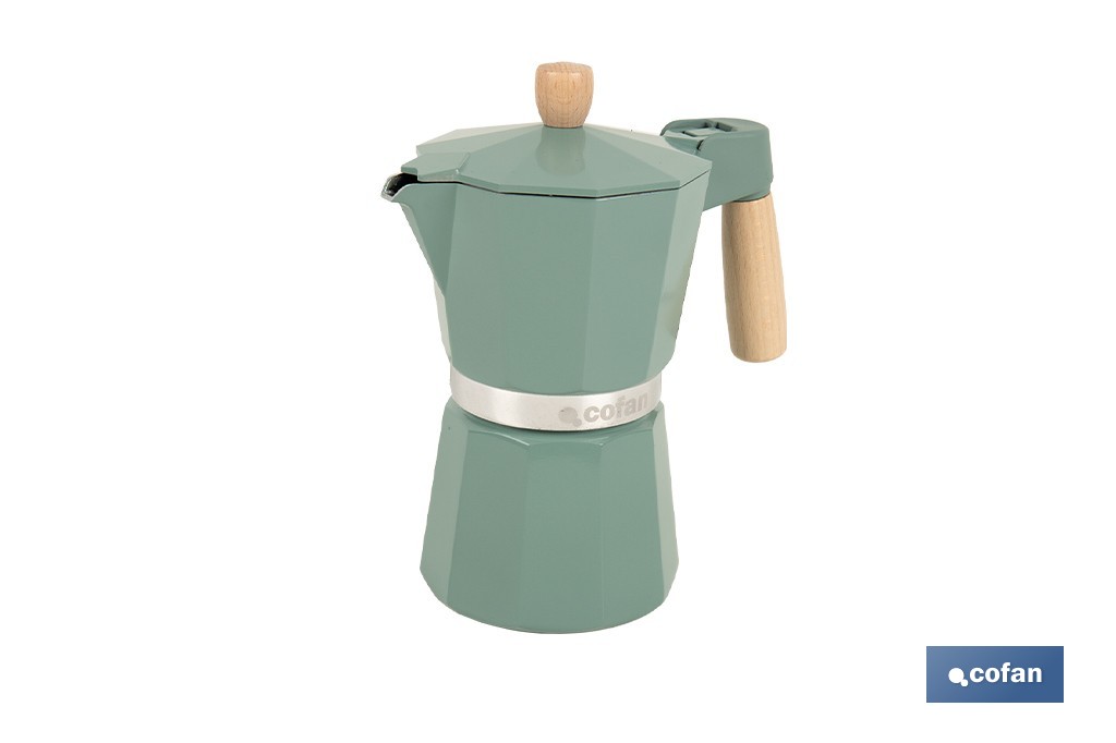 Cafetera italiana inducción | Capacidad: 6 tazas | Cuerpo de aluminio | Mangos de madera | Apta para todo tipo de fuegos | Disponible en diferentes colores - Cofan