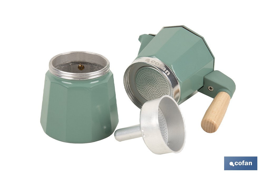 Cafetera italiana inducción | Capacidad: 6 tazas | Cuerpo de aluminio | Mangos de madera | Apta para todo tipo de fuegos | Disponible en diferentes colores - Cofan