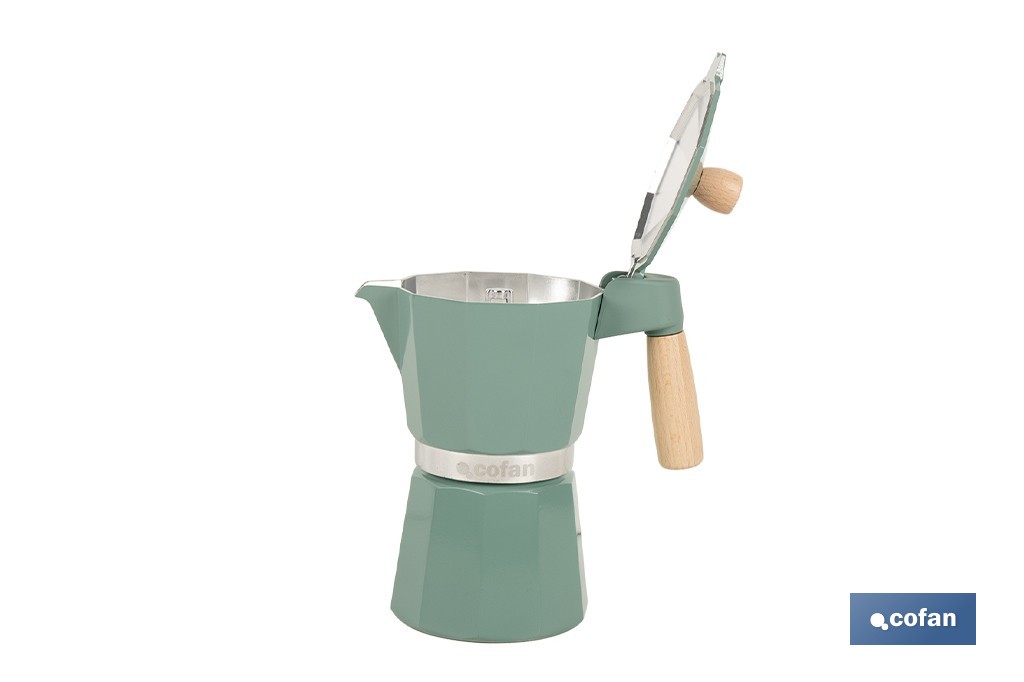 Cafetera italiana inducción | Capacidad: 6 tazas | Cuerpo de aluminio | Mangos de madera | Apta para todo tipo de fuegos | Disponible en diferentes colores - Cofan