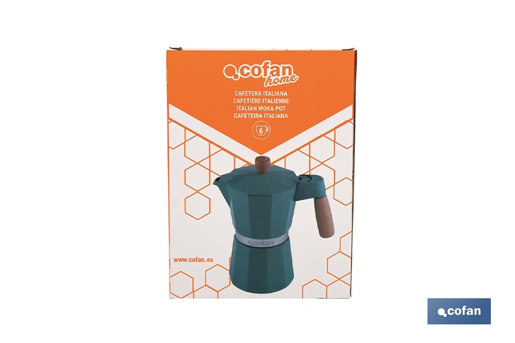 Cafetera italiana inducción | Capacidad: 6 tazas | Cuerpo de aluminio | Mangos de madera | Apta para todo tipo de fuegos | Disponible en diferentes colores - Cofan