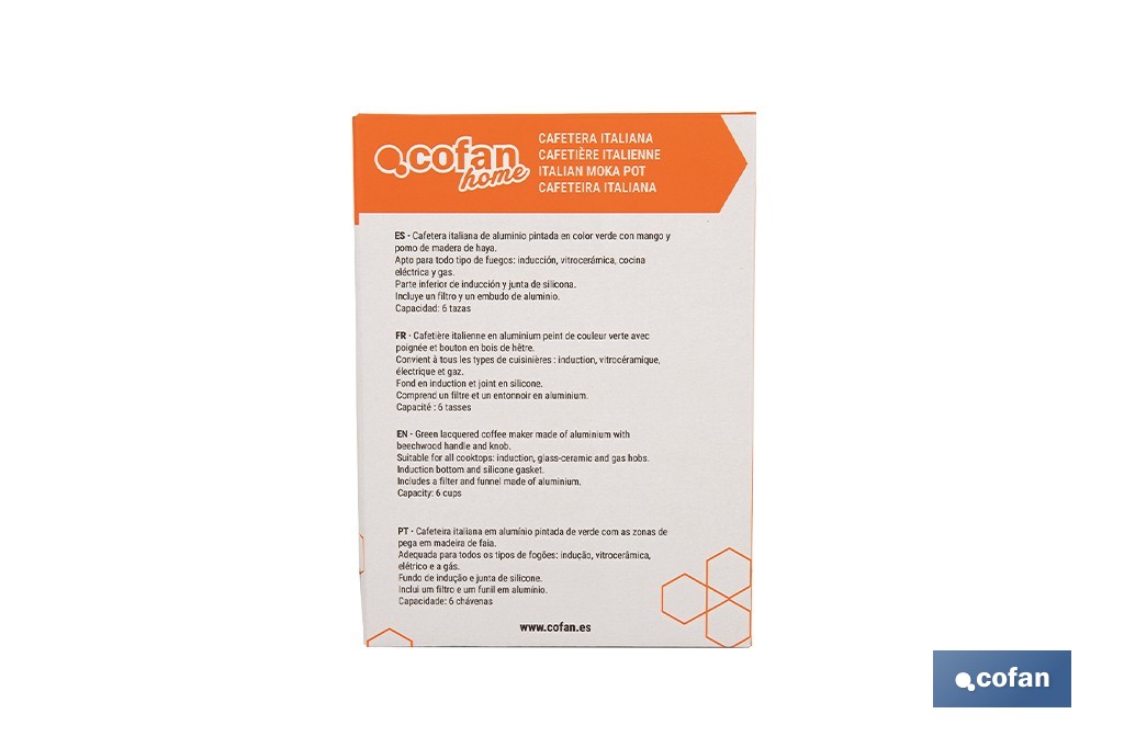 Cafetera italiana inducción | Capacidad: 6 tazas | Cuerpo de aluminio | Mangos de madera | Apta para todo tipo de fuegos | Disponible en diferentes colores - Cofan