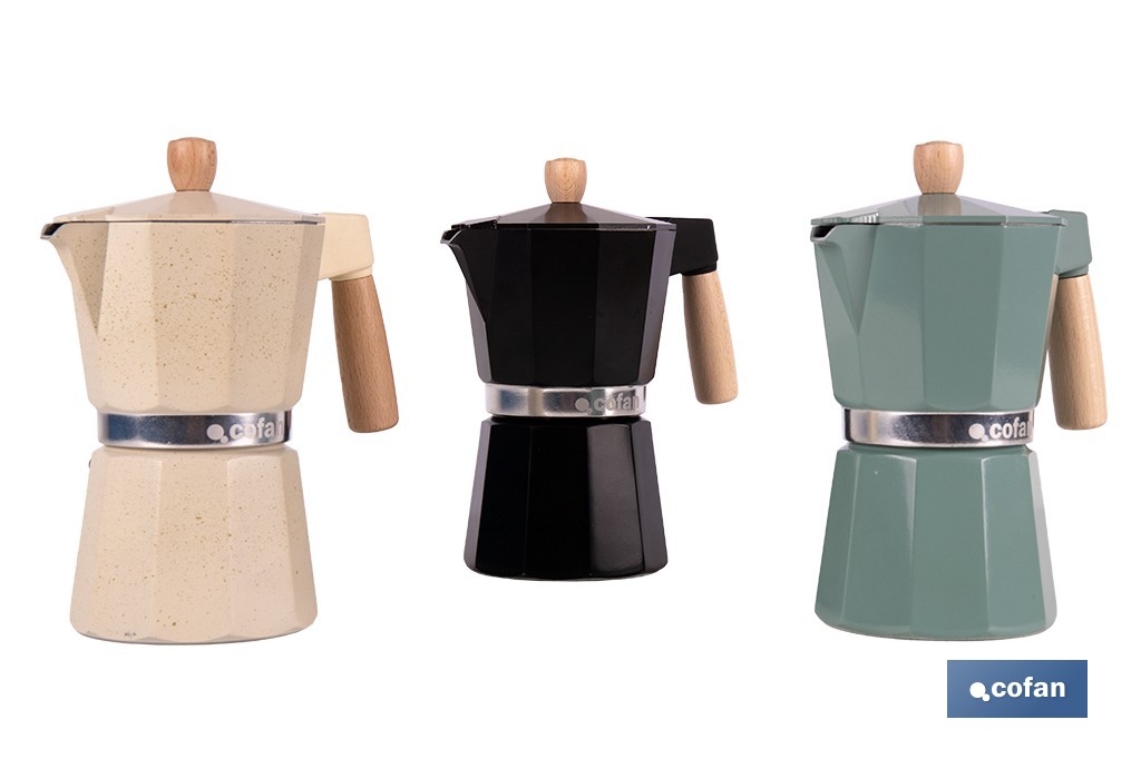 Cafetera italiana inducción | Capacidad: 6 tazas | Cuerpo de aluminio | Mangos de madera | Apta para todo tipo de fuegos | Disponible en diferentes colores - Cofan