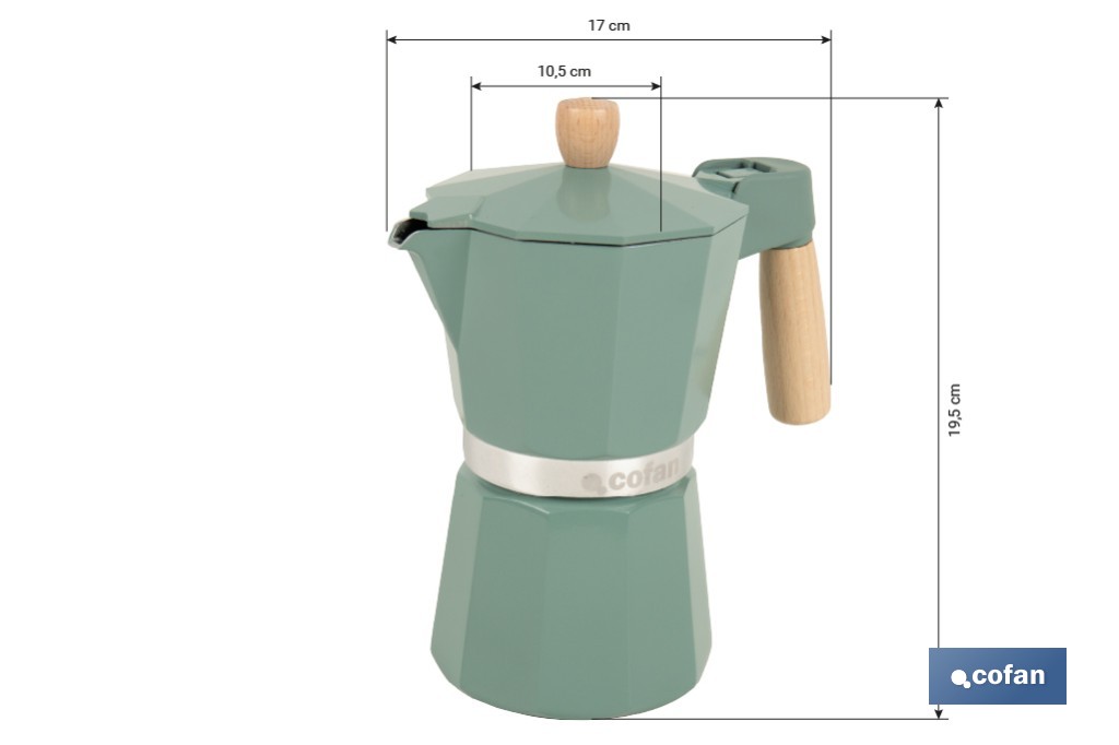 Cafetera italiana inducción | Capacidad: 6 tazas | Cuerpo de aluminio | Mangos de madera | Apta para todo tipo de fuegos | Disponible en diferentes colores - Cofan