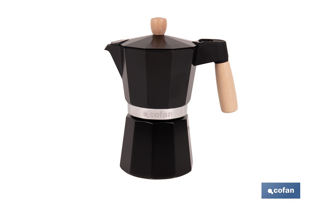 Cafetera italiana inducción | Capacidad: 6 tazas | Cuerpo de aluminio | Mangos de madera | Apta para todo tipo de fuegos | Disponible en diferentes colores - Cofan