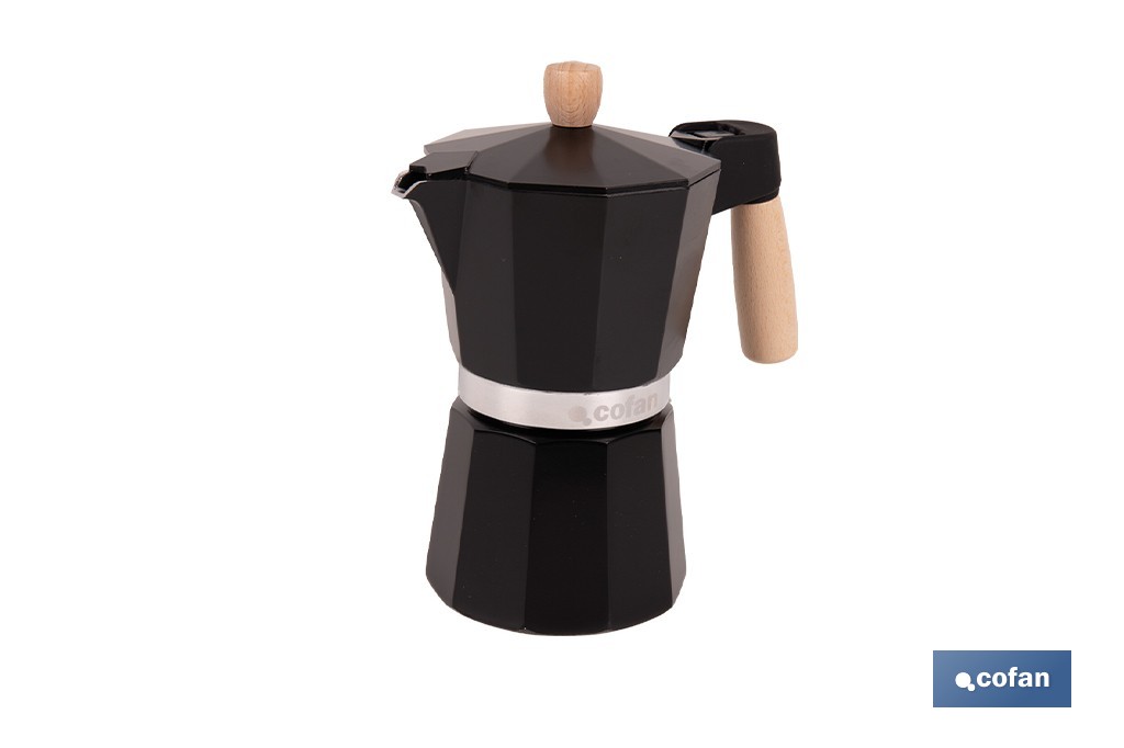 Cafetera italiana inducción | Capacidad: 6 tazas | Cuerpo de aluminio | Mangos de madera | Apta para todo tipo de fuegos | Disponible en diferentes colores - Cofan
