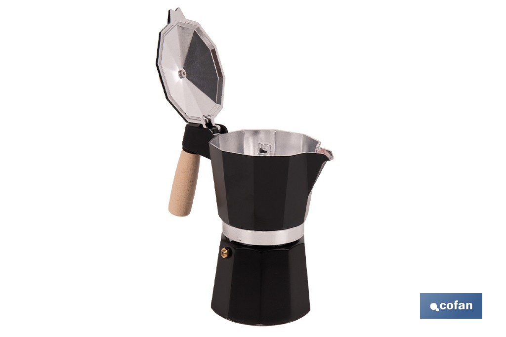 Cafetera italiana inducción | Capacidad: 6 tazas | Cuerpo de aluminio | Mangos de madera | Apta para todo tipo de fuegos | Disponible en diferentes colores - Cofan