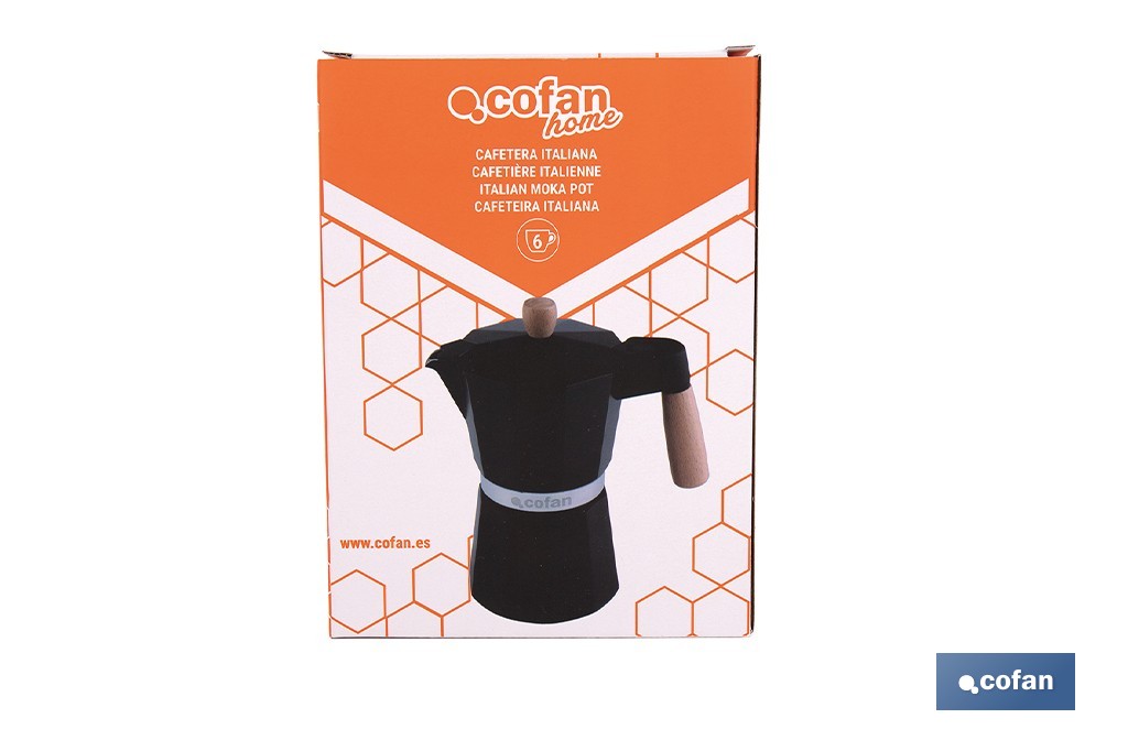 Cafetera italiana inducción | Capacidad: 6 tazas | Cuerpo de aluminio | Mangos de madera | Apta para todo tipo de fuegos | Disponible en diferentes colores - Cofan