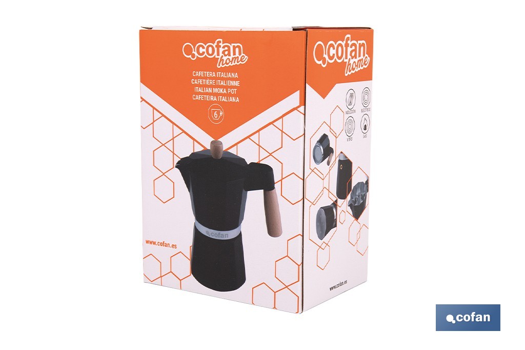 Cafetera italiana inducción | Capacidad: 6 tazas | Cuerpo de aluminio | Mangos de madera | Apta para todo tipo de fuegos | Disponible en diferentes colores - Cofan