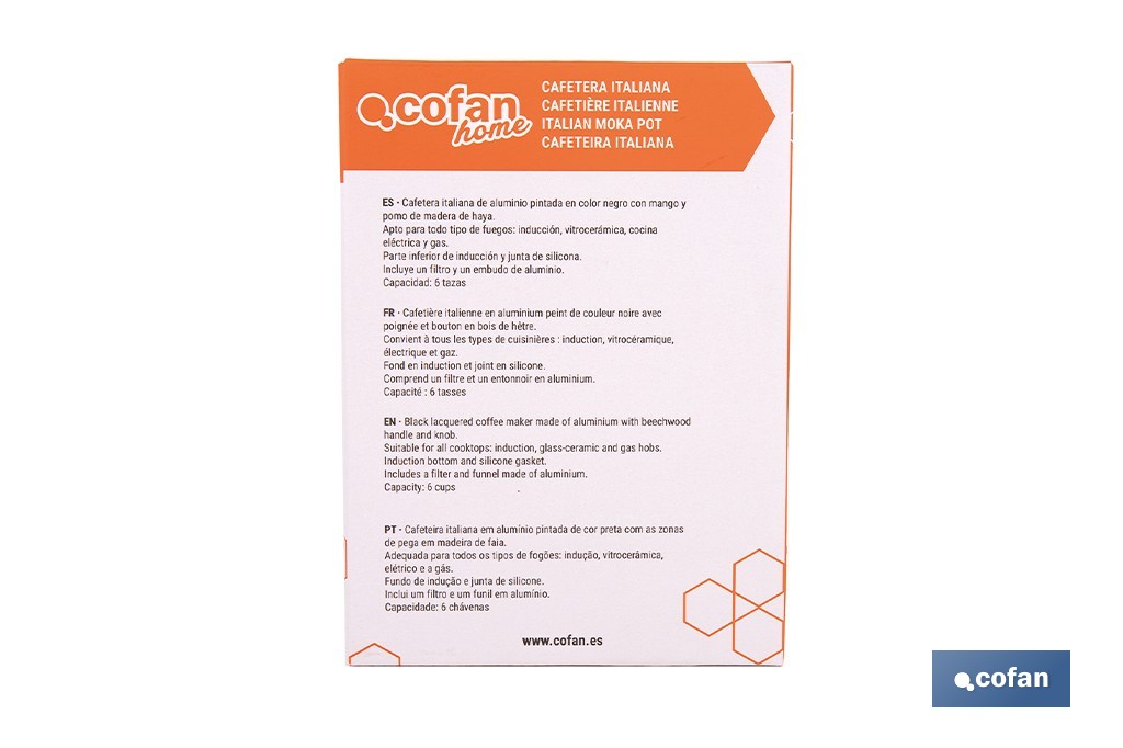 Cafetera italiana inducción | Capacidad: 6 tazas | Cuerpo de aluminio | Mangos de madera | Apta para todo tipo de fuegos | Disponible en diferentes colores - Cofan