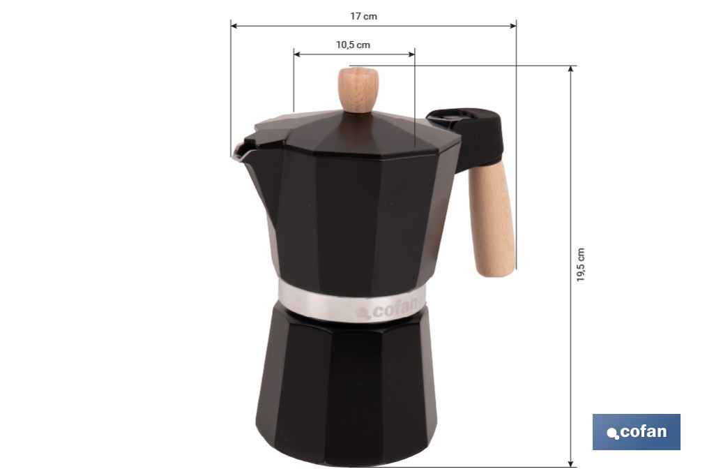 Cafetera italiana inducción | Capacidad: 6 tazas | Cuerpo de aluminio | Mangos de madera | Apta para todo tipo de fuegos | Disponible en diferentes colores - Cofan