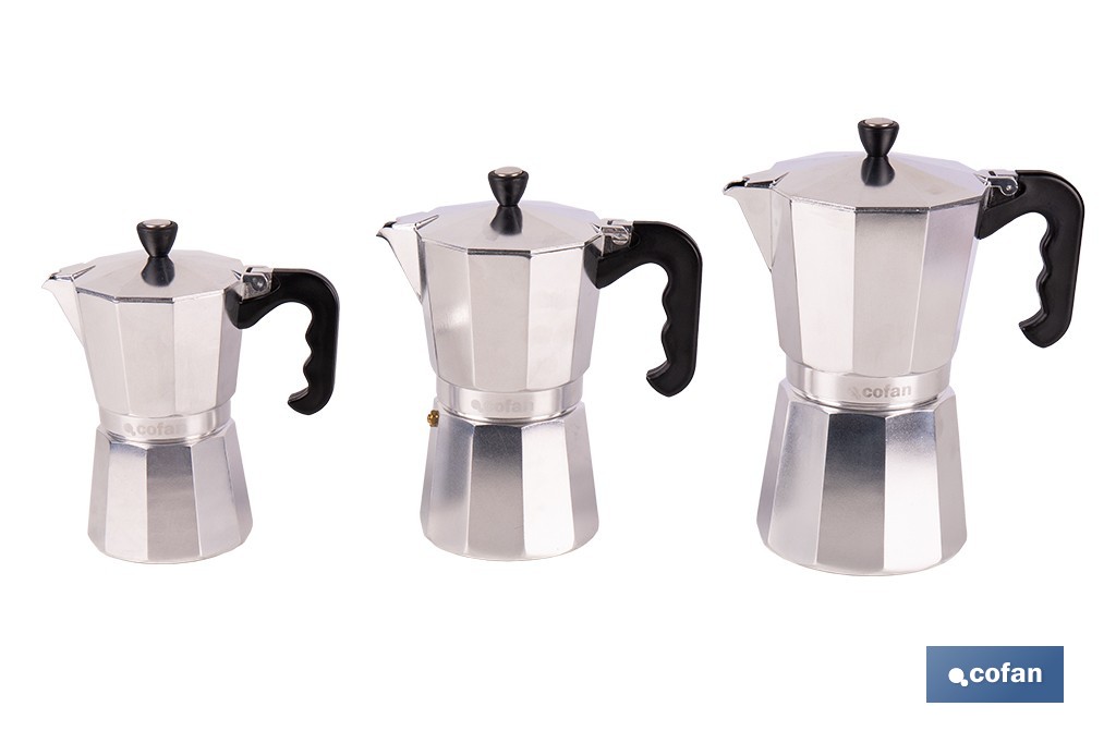 Cafetera italiana inducción | Material: aluminio | Mangos de nylon | Apta para todo tipo de fuegos | Disponible en diferentes capacidades - Cofan