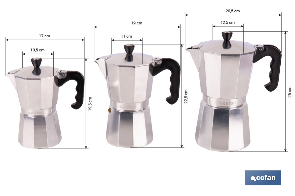Cafetera italiana inducción | Material: aluminio | Mangos de nylon | Apta para todo tipo de fuegos | Disponible en diferentes capacidades - Cofan