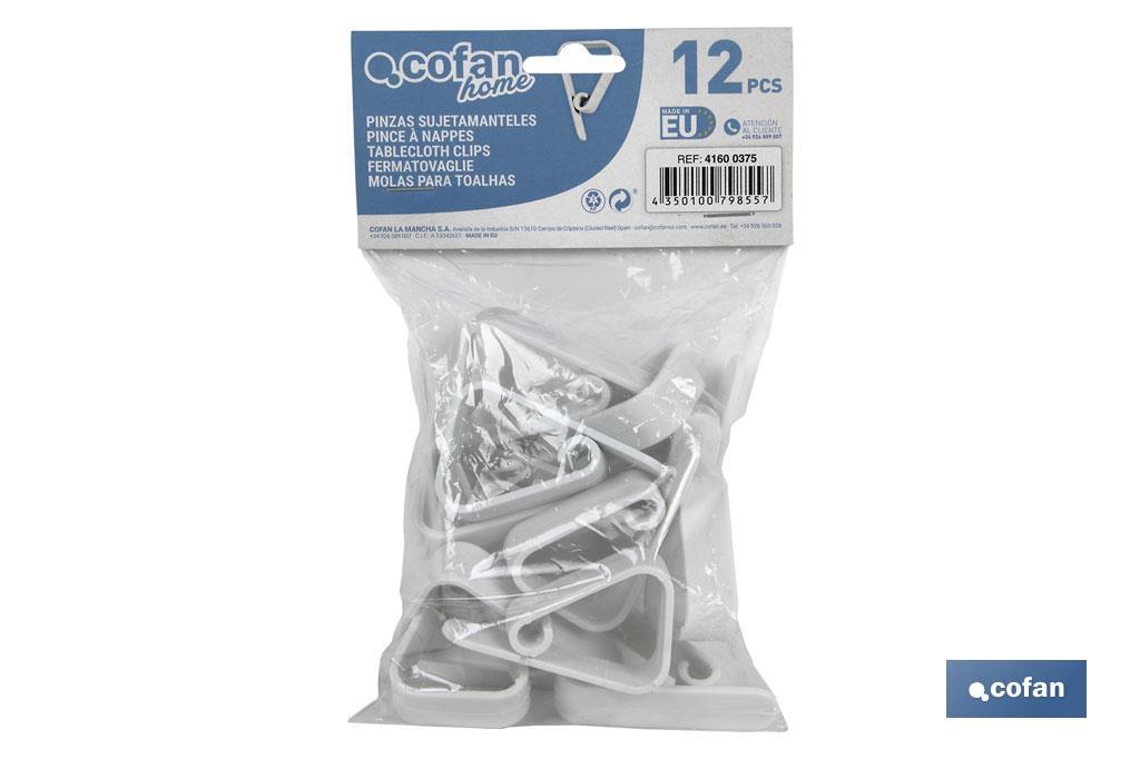 Cofan Pack de 12 Pinzas para sujetar manteles | Fabricadas en plástico blanco | Clips sujetamanteles flexibles y resistentes - Cofan