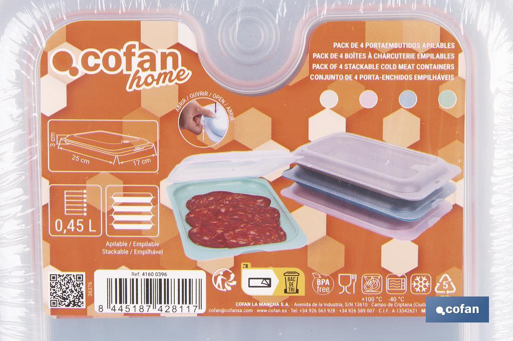 Pack de 4 fiambreras portaembutidos apilables | Tapa transparente | Conservación de alimentos | Medidas: 25 x 17 x 3 cm - Cofan