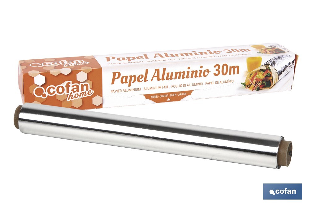 Household aluminium foil roll | Size: 16, 30 or 50m | 30cm width | Box with cutting edge | Non-stick | Multipurpose - Cofan