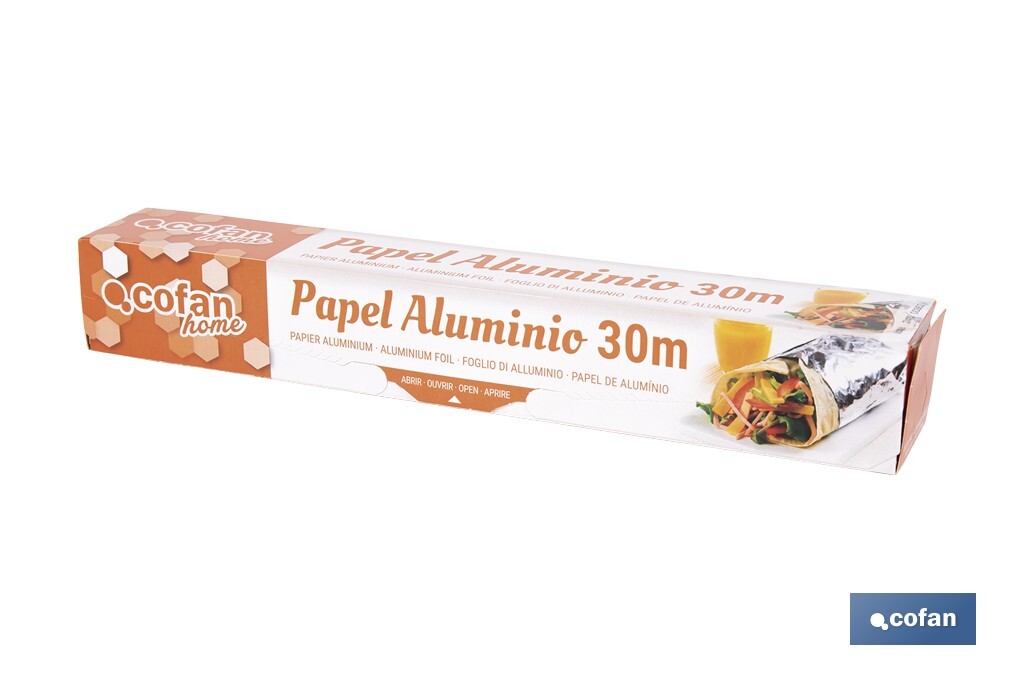 Household aluminium foil roll | Size: 16, 30 or 50m | 30cm width | Box with cutting edge | Non-stick | Multipurpose - Cofan