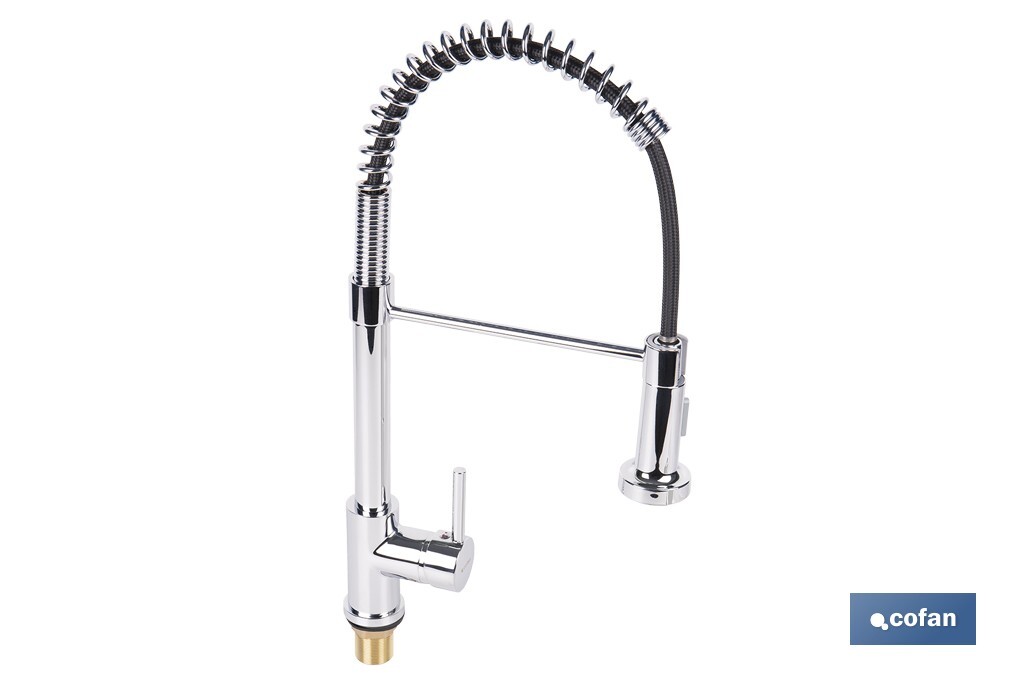 Grifo de cocina monomando con rociador | Caño giratorio 360° | Cuerpo de latón | Medidas: ø5 x 48 x 22 cm | Disponible en acabado cromado - Cofan
