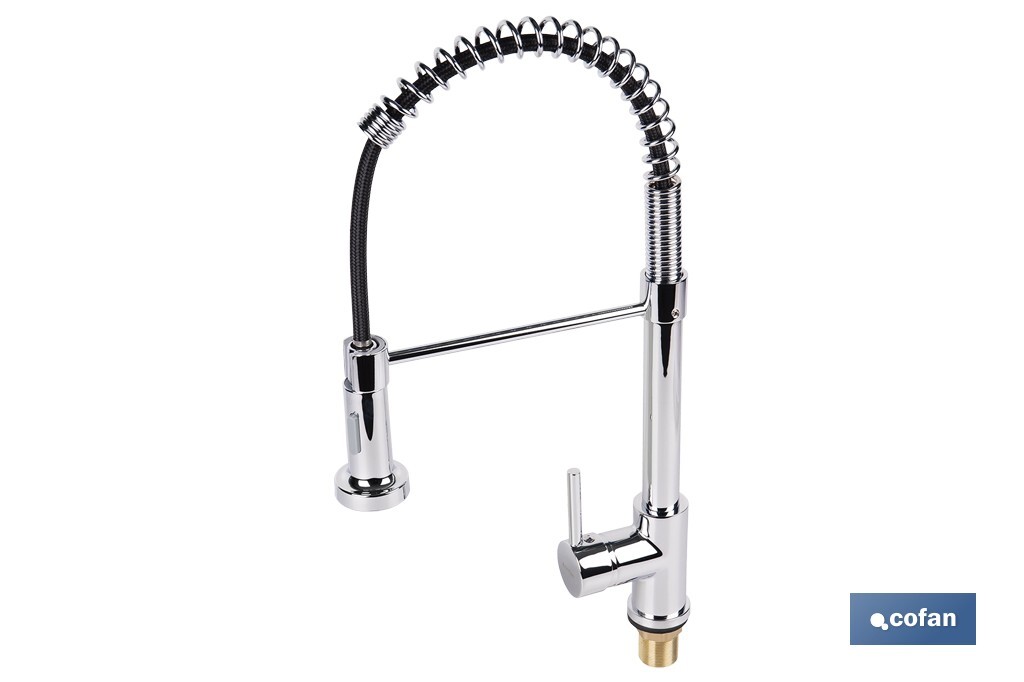 Grifo de cocina monomando con rociador | Caño giratorio 360° | Cuerpo de latón | Medidas: ø5 x 48 x 22 cm | Disponible en acabado cromado - Cofan