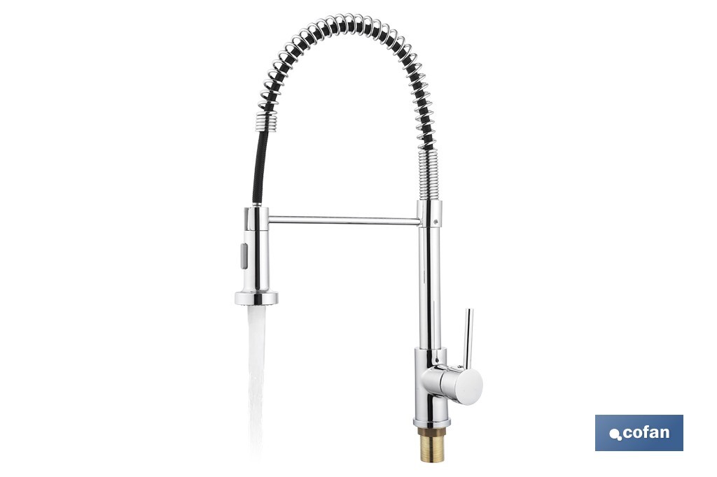 Grifo de cocina monomando con rociador | Caño giratorio 360° | Cuerpo de latón | Medidas: ø5 x 48 x 22 cm | Disponible en acabado cromado - Cofan