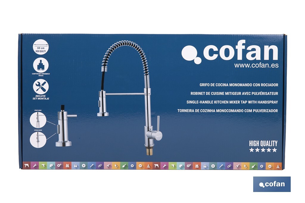 Grifo de cocina monomando con rociador | Caño giratorio 360° | Cuerpo de latón | Medidas: ø5 x 48 x 22 cm | Disponible en acabado cromado - Cofan