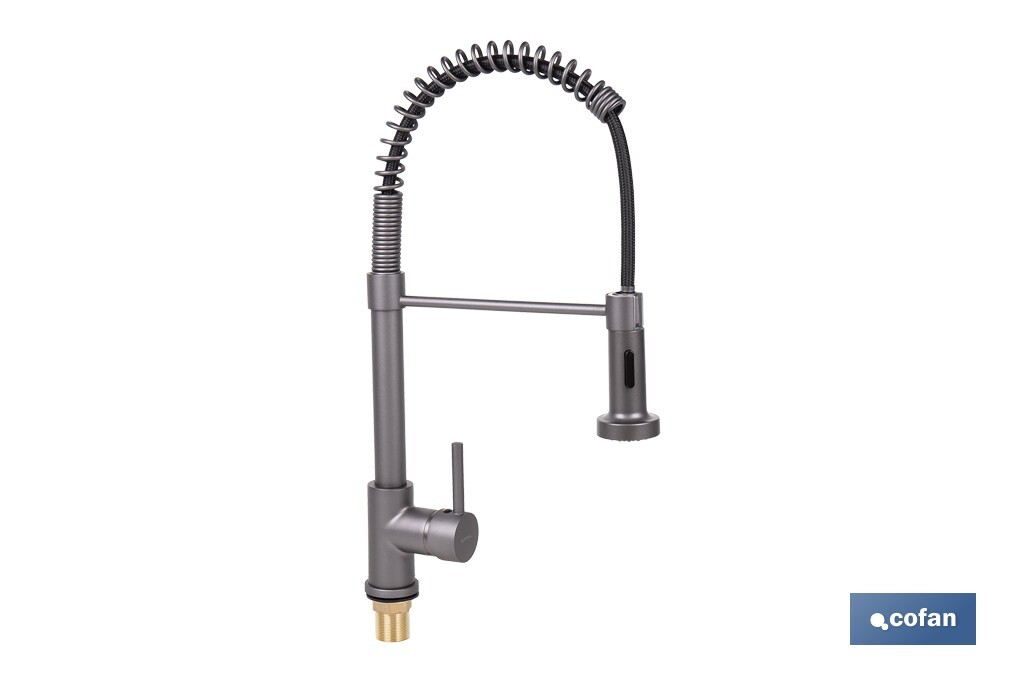 Grifo de cocina monomando con rociador | Caño giratorio 360° | Cuerpo de latón | Medidas: ø5 x 48 x 22 cm | Disponible en gris antracita metalizado - Cofan