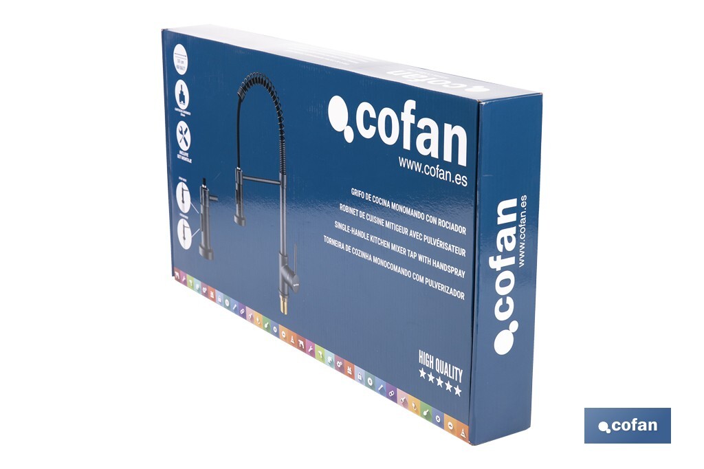Grifo de cocina monomando con rociador | Caño giratorio 360° | Cuerpo de latón | Medidas: ø5 x 48 x 22 cm | Disponible en gris antracita metalizado - Cofan