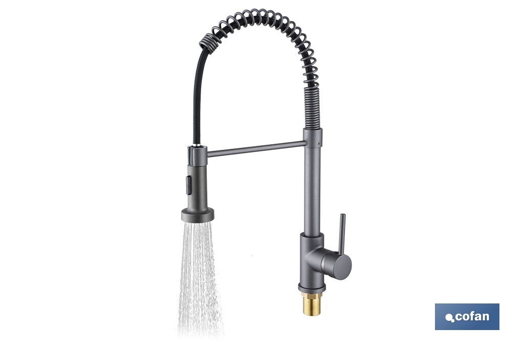 Grifo de cocina monomando con rociador | Caño giratorio 360° | Cuerpo de latón | Medidas: ø5 x 48 x 22 cm | Disponible en gris antracita metalizado - Cofan