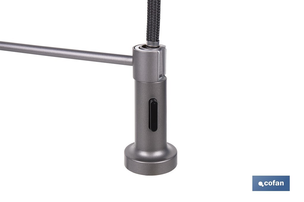 Grifo de cocina monomando con rociador | Caño giratorio 360° | Cuerpo de latón | Medidas: ø5 x 48 x 22 cm | Disponible en gris antracita metalizado - Cofan