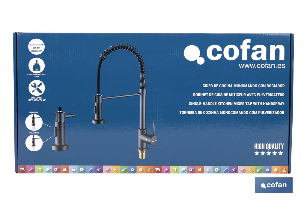 Grifo de cocina monomando con rociador | Caño giratorio 360° | Cuerpo de latón | Medidas: ø5 x 48 x 22 cm | Disponible en gris antracita metalizado - Cofan